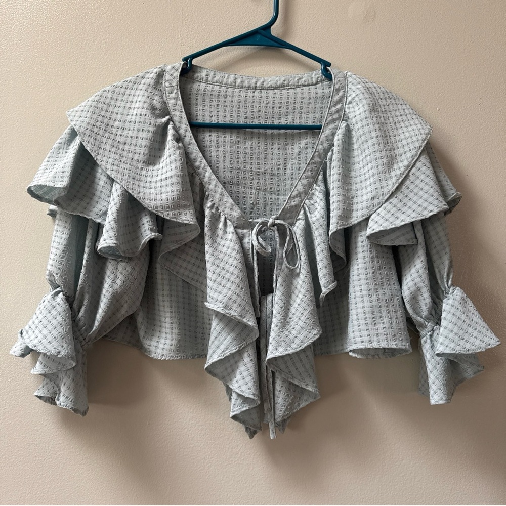 One Way Tie Front Crop Top Free Size Blue Textured Blouse Soft Girl Cottagecore